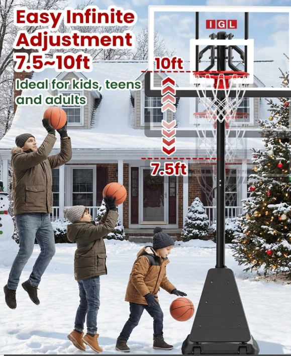 IGL Adjustable Outdoor Basketball Hoop with 52-inch acrylic backboard in a driveway setting.