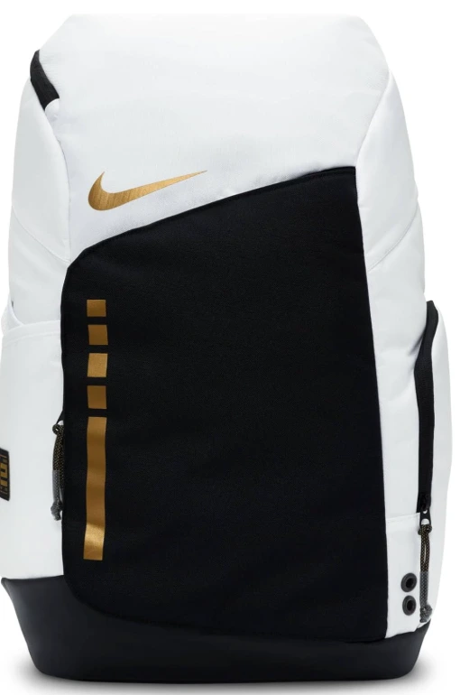 Nike Hoops Elite White Basketball Backpack open to show compartments, sitting on a gym floor.
