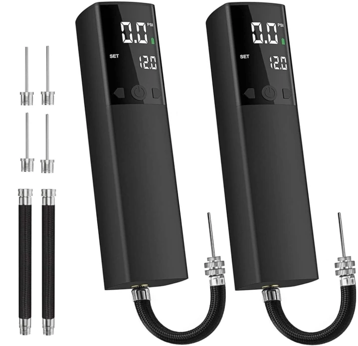 Pumteck Digital Electric Ball Pump inflating a basketball, showing LCD pressure display.