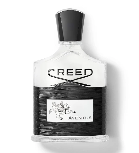 Creed Aventus Men's Luxury Cologne bottle with cap on a elegant dark surface.