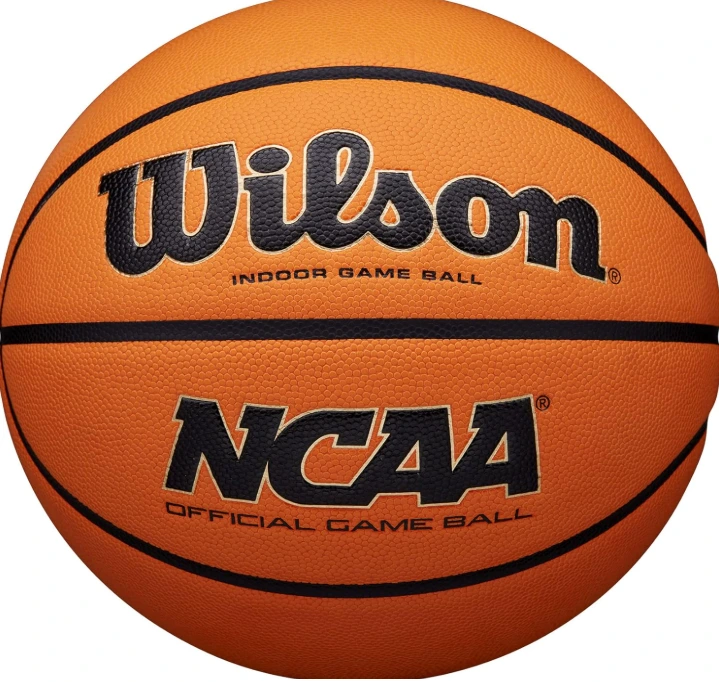 Wilson NCAA Evo NXT Official Composite Leather Basketball on a clean hardwood court.