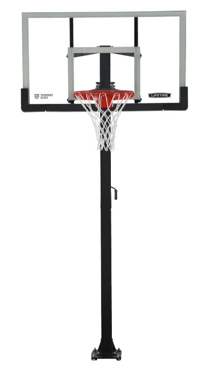 Lifetime 54-inch crank adjust in-ground basketball hoop optimized for tight driveways and easy height adjustments for all ages.