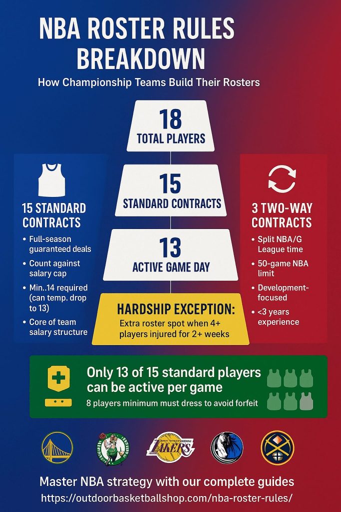 Infographic breakdown of NBA roster rules, showing how 15 standard players and 3 two-way contracts form an 18-player roster, with only 13 active on game day