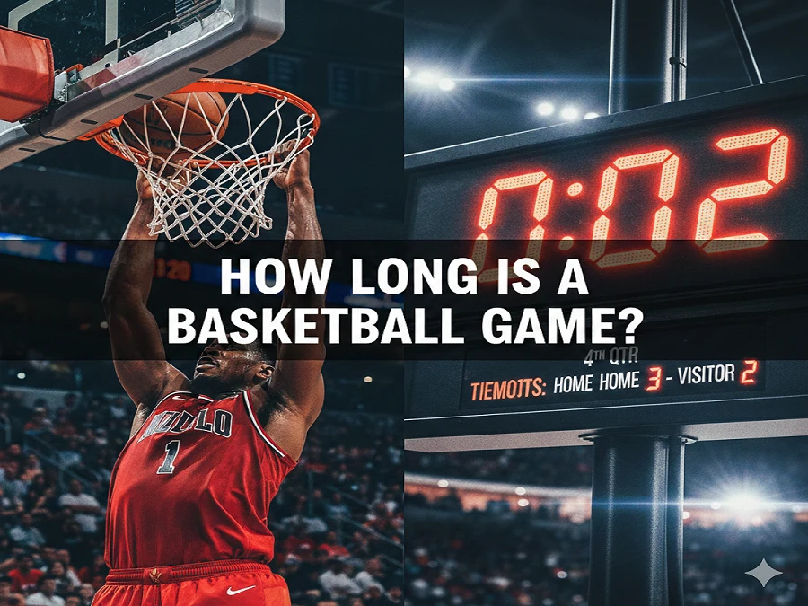 A split-screen comparison showing a high-intensity basketball dunk and a digital scoreboard with a 24-second shot clock, illustrating NBA game duration and timing rules.