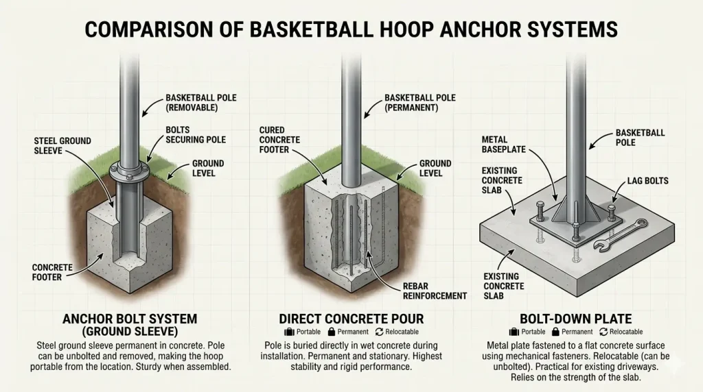 A detailed technical illustration comparing three basketball hoop anchor systems in a side-by-side view