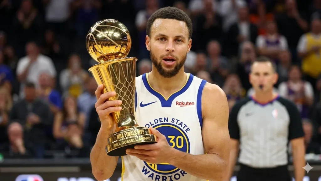 Stephen Curry holding MVP award 2022