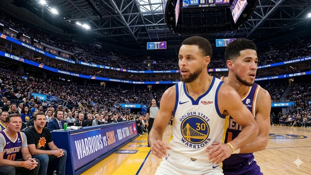 Stephen Curry shooting in Warriors vs Suns playoff matchup 2026